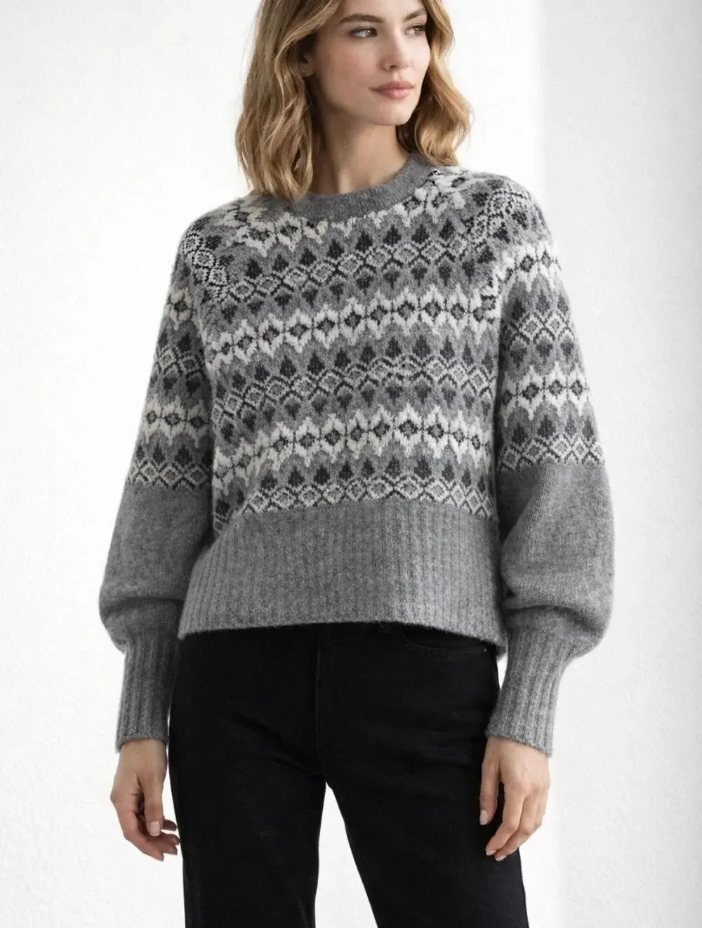Jason Wu Fair Isle Sweater Gray Nordic Wool Blend Dolman Chic Cozy NEW LARGE